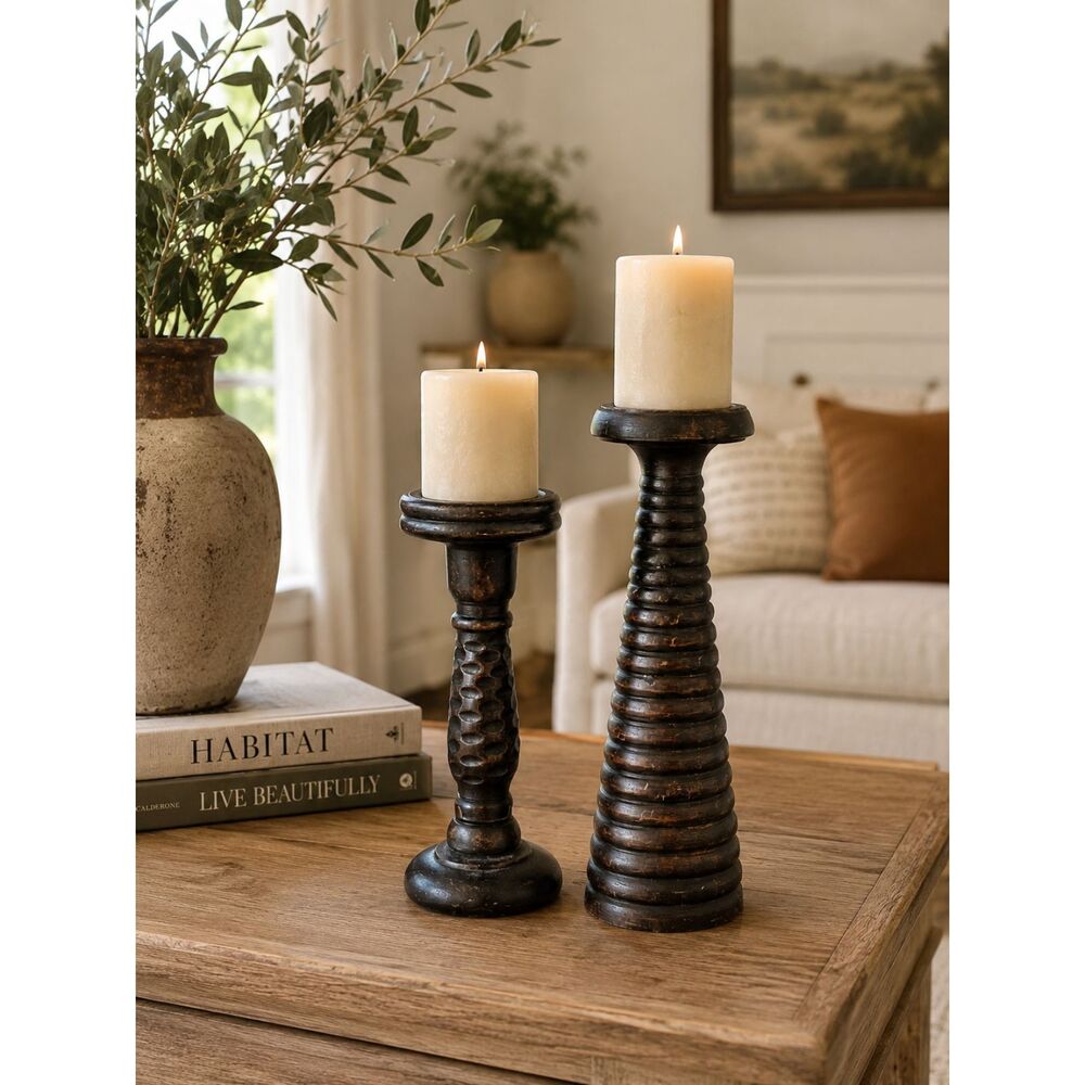 Pair Vintage Hand Turned Wood Candle Holders Rustic Primitive Farmhouse Decor